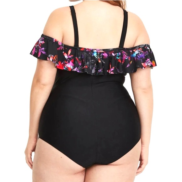 Torrid Swimsuit Tropical Off Shoulder Plus Size 3X Ruched Flounce Sexy Black - Picture 5 of 15